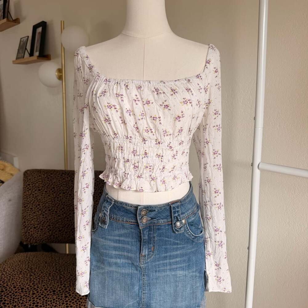 Urban Outfitters Floral Bouquet Square-Neck Smocked Crop Top Medium